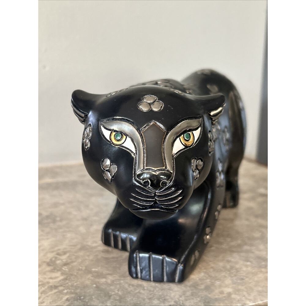 Artesania Rinconada Black Silver Large Crouching Panther Sculpture 11"x5" Signed - Picture 2 of 13